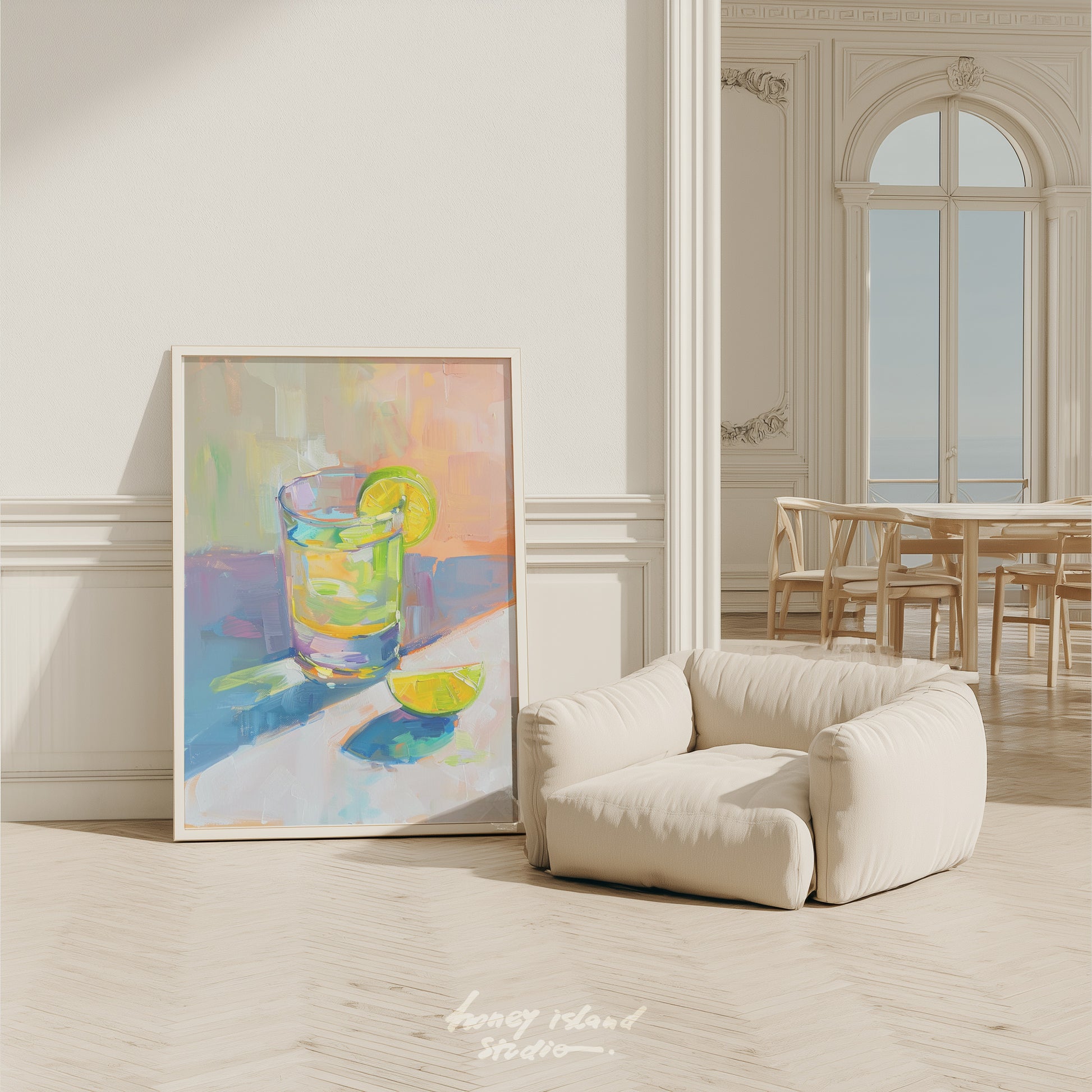 Colorful tequila shot painting on a wall next to a modern white armchair in a stylish room.