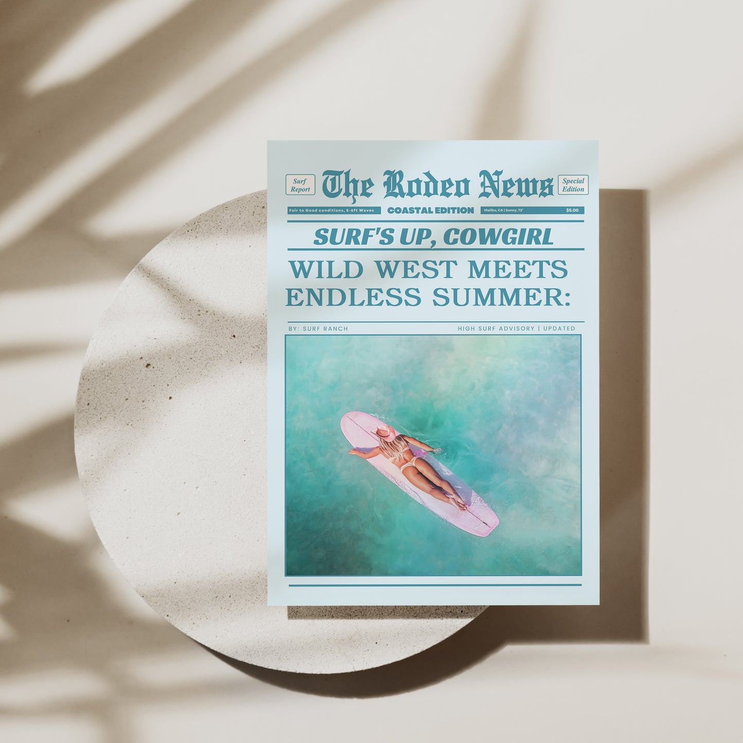 Coastal Cowgirl Retro Print – Blue Newspaper-Inspired Wall Decor