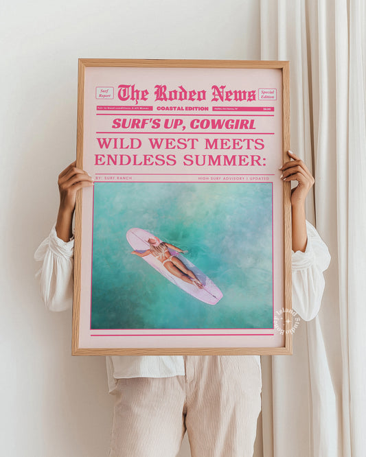 Retro Rodeo News Print – Coastal Cowgirl Wall Decor in Soft Pink Tones