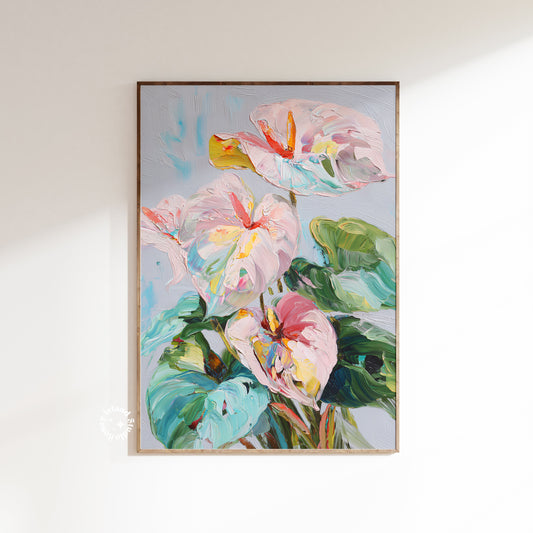 Framed abstract floral painting on a white wall