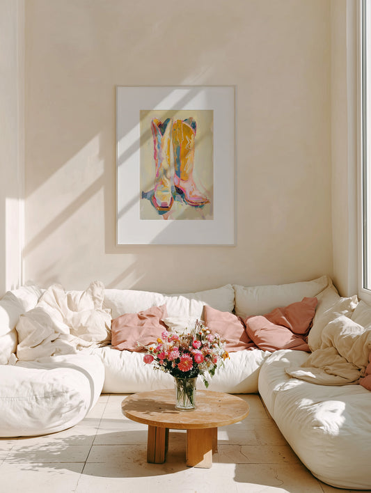 Living room with a white sofa, pink cushions, a small wooden table with flowers, and a colorful abstract painting on the wall.