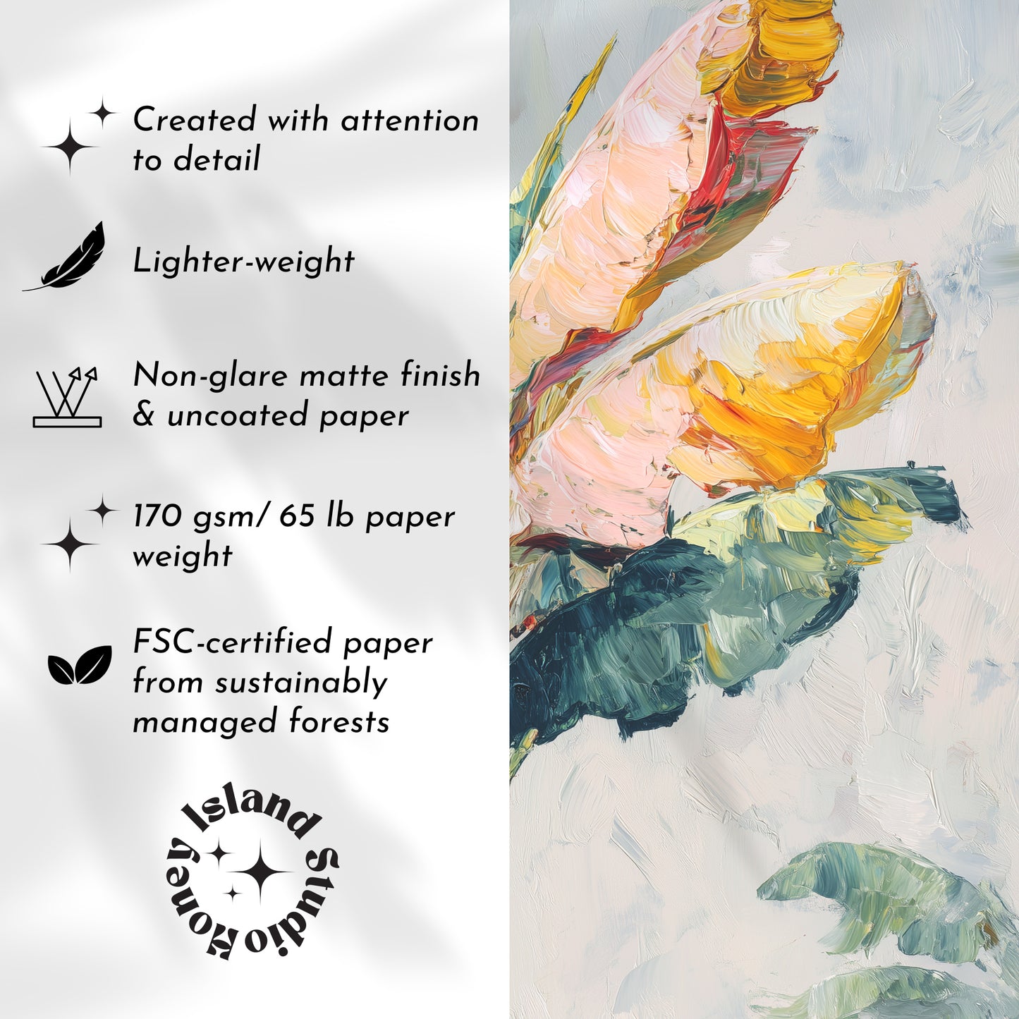Colorful feather illustration on paper with sustainability details and 'Island Studio' branding.
