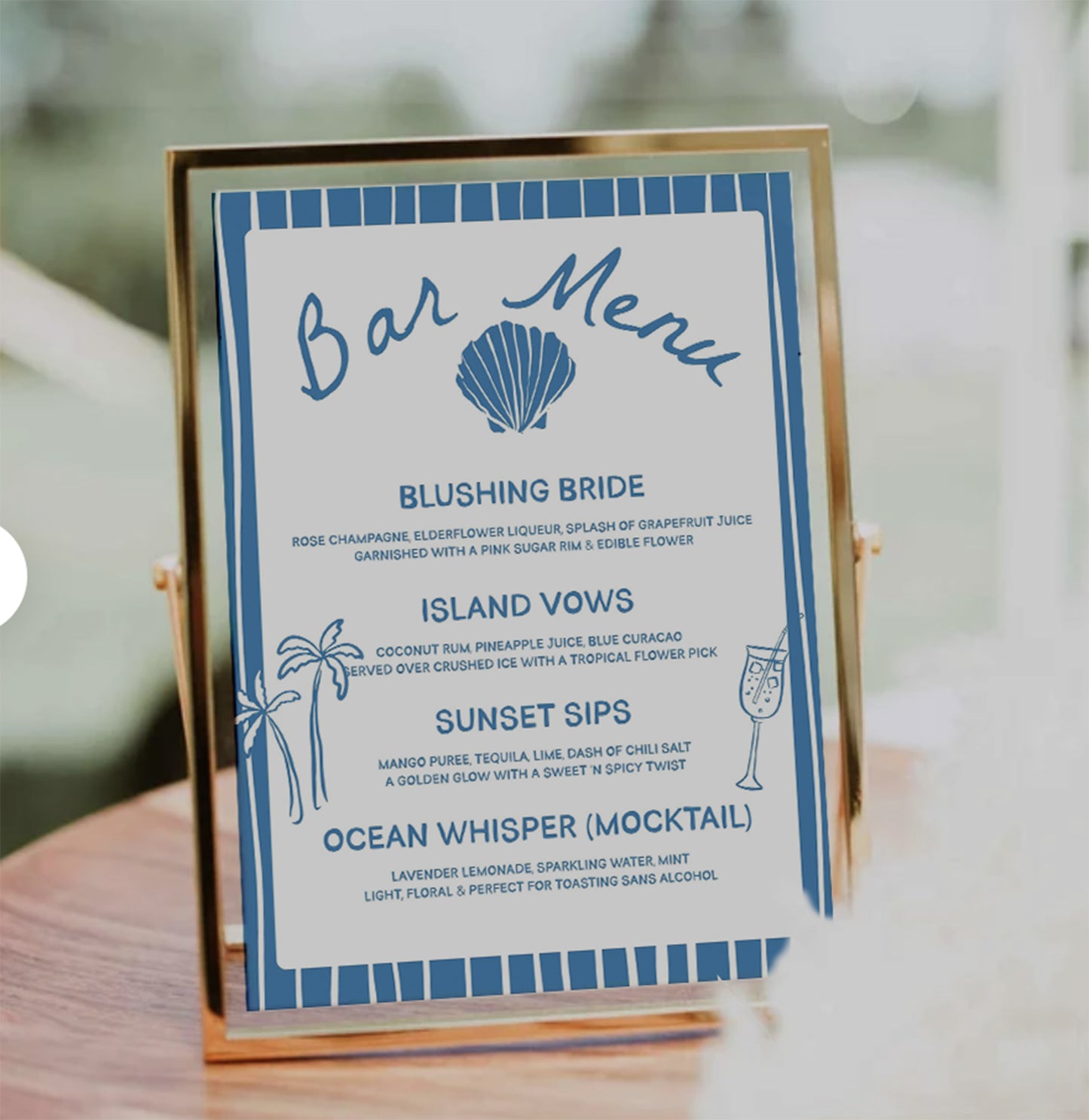 Set the tone for your seaside celebration with this Blue and White Coastal Bar Menu Template, featuring elegant seashells, chic wedding bells, and a breezy nautical vibe. Perfect for beach weddings, summer receptions, or oceanfront events, this editable bar menu blends trend-forward design with timeless coastal charm . Customize the drink list, fonts, and colors effortlessly using Canva's intuitive tools — no design experience needed!
Whether you're planning a destination wedding, a coastal bridal shower,