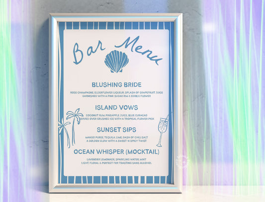 Set the tone for your seaside celebration with this Blue and White Coastal Bar Menu Template, featuring elegant seashells, chic wedding bells, and a breezy nautical vibe. Perfect for beach weddings, summer receptions, or oceanfront events, this editable bar menu blends trend-forward design with timeless coastal charm . Customize the drink list, fonts, and colors effortlessly using Canva's intuitive tools — no design experience needed!
Whether you're planning a destination wedding, a coastal bridal shower,