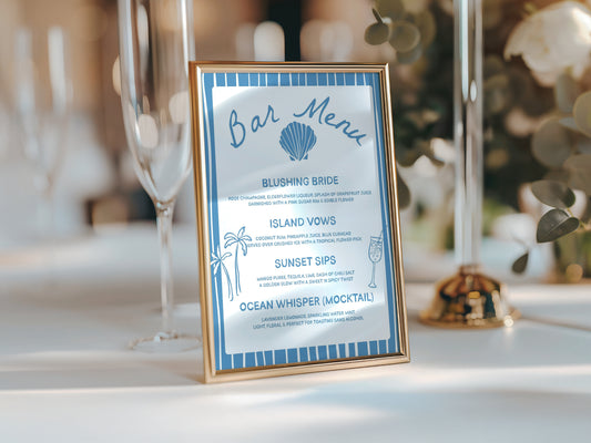 Set the tone for your seaside celebration with this Blue and White Coastal Bar Menu Template, featuring elegant seashells, chic wedding bells, and a breezy nautical vibe. Perfect for beach weddings, summer receptions, or oceanfront events, this editable bar menu blends trend-forward design with timeless coastal charm . Customize the drink list, fonts, and colors effortlessly using Canva's intuitive tools — no design experience needed!
Whether you're planning a destination wedding, a coastal bridal shower,