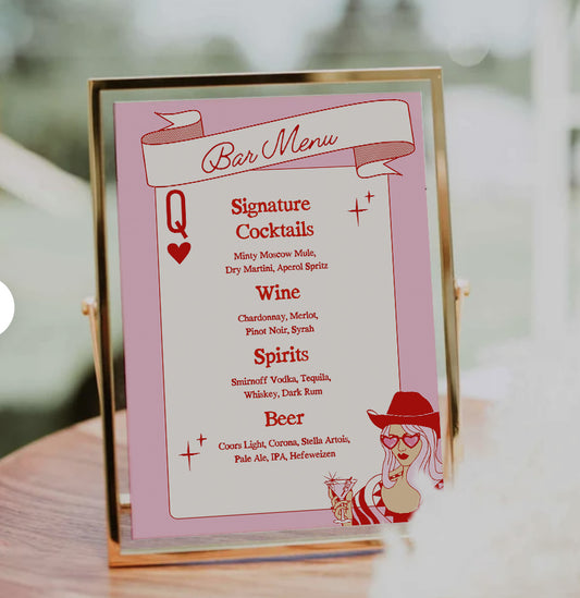 Queen of Hearts - Lucky In Love Bar Drinks Menu (Canva Template)