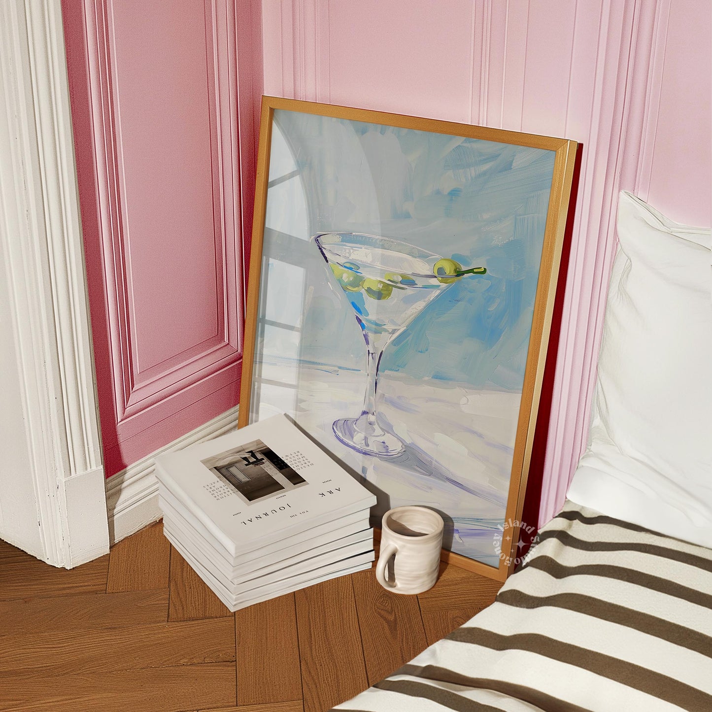 Martini Painting Bar Cart Print Blue