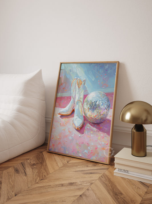 Disco Cowgirl Wall Art, Cowgirl Boot Painting Poster, Western print, Trendy Pastels