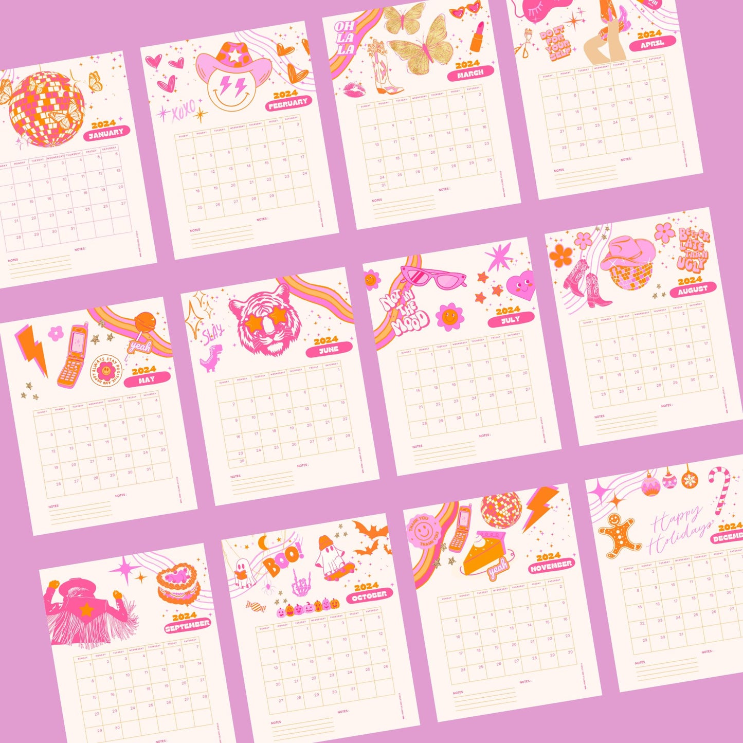 Preppy Girl 2024 Calendar Daily Planner Pink Orange