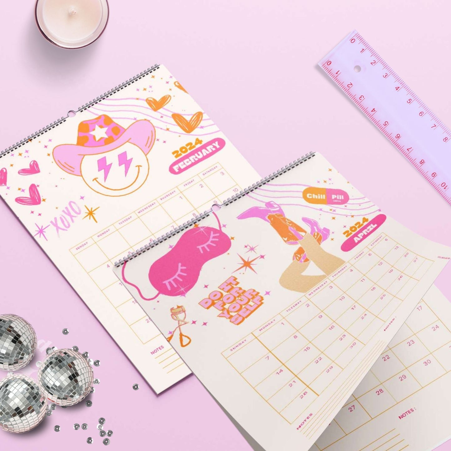 Preppy Girl 2024 Calendar Daily Planner Pink Orange