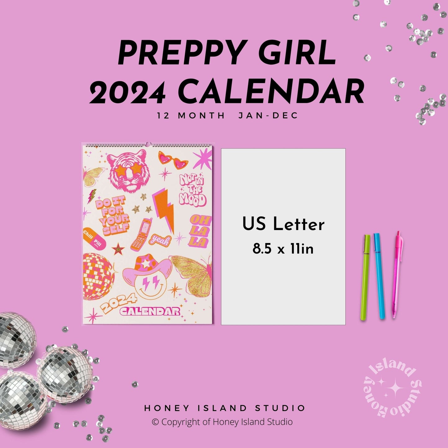 Preppy Girl 2024 Calendar Daily Planner Pink Orange