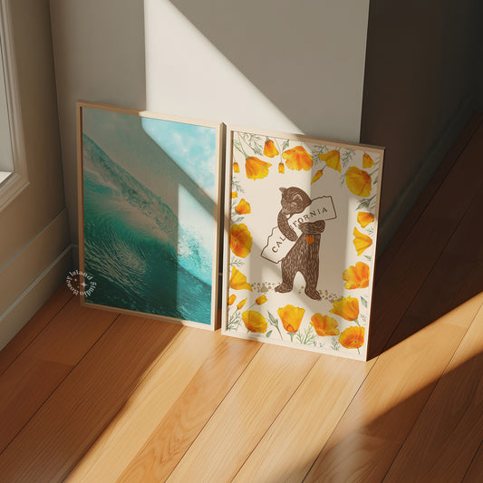 I Love California Bear Hug Print, Retro California Poppy, California Bear Illustration, California Poppies Printed Poster