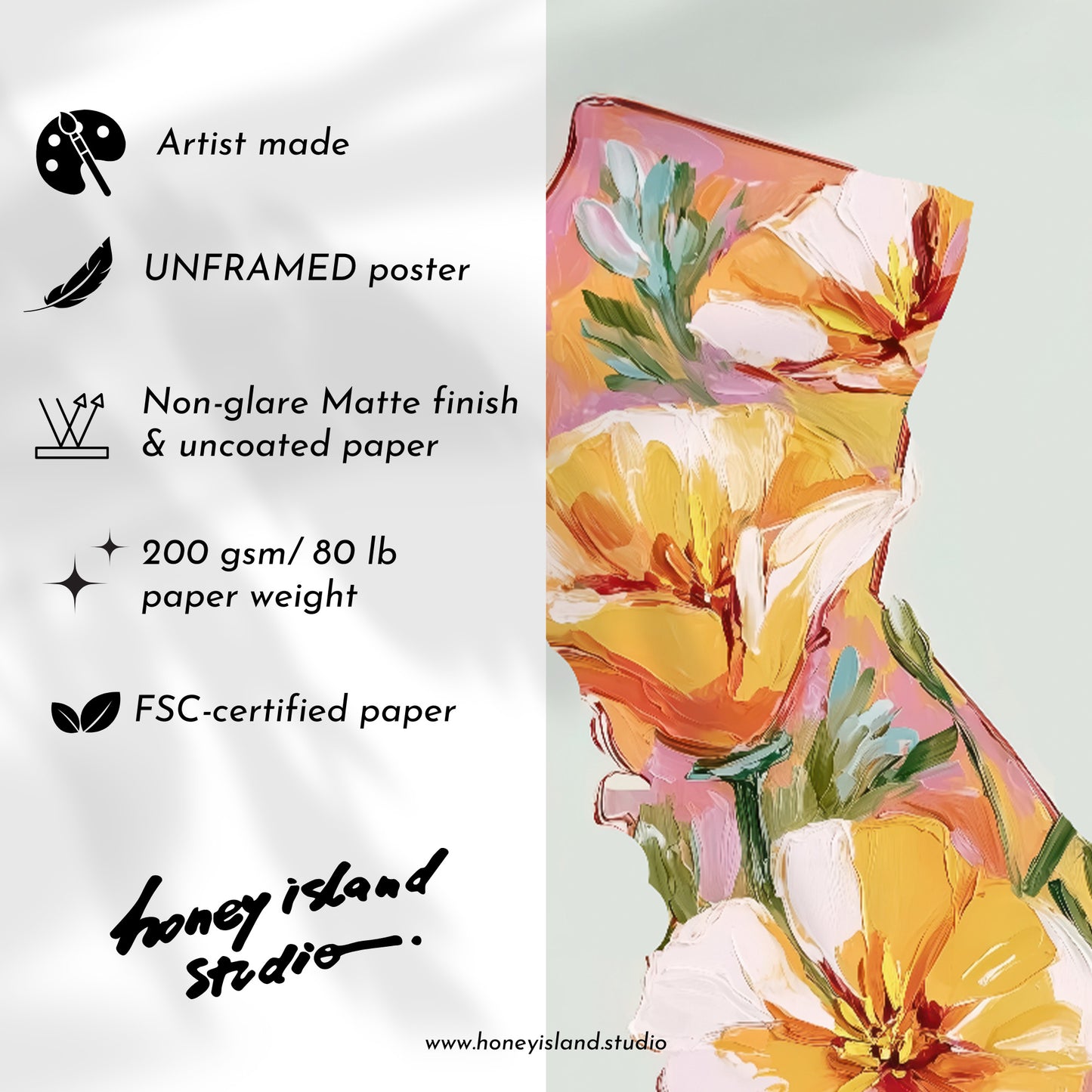 Floral poster with Honey Island Studio branding and product details on a light gray background