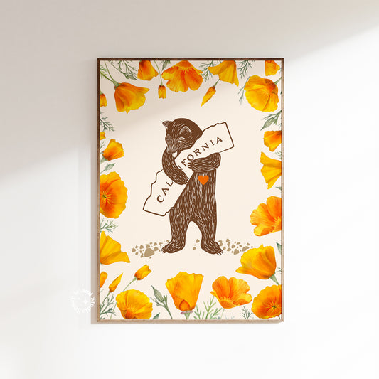 I Love California Bear Hug Print, Retro California Poppy, California Bear Illustration, California Poppies Printed Poster/