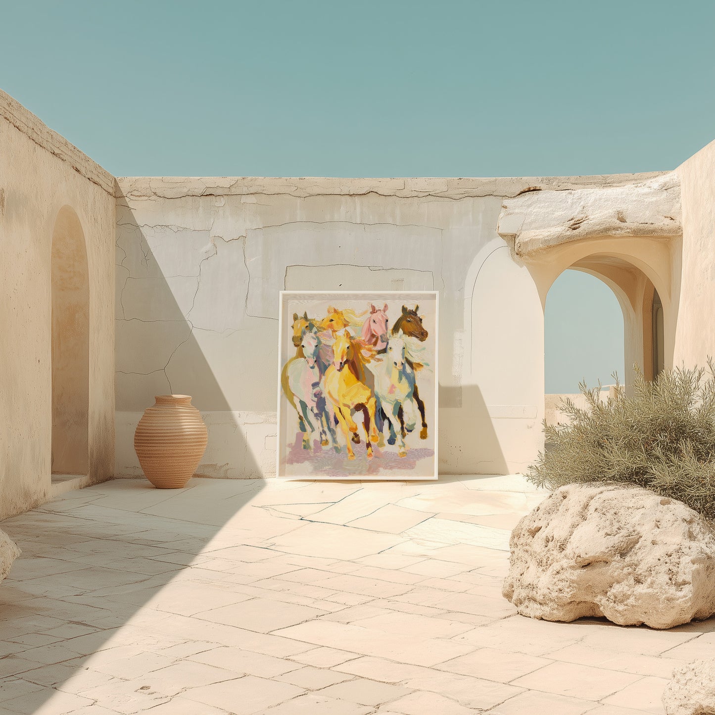 Colorful painting of horses in a sunlit stone courtyard with a vase and rock.