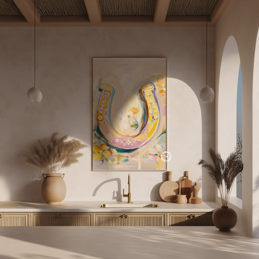 Modern kitchen interior with a colorful horseshoe painting on the wall.