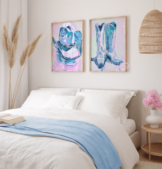 Bedroom with abstract art of cowboy boots on the wall
