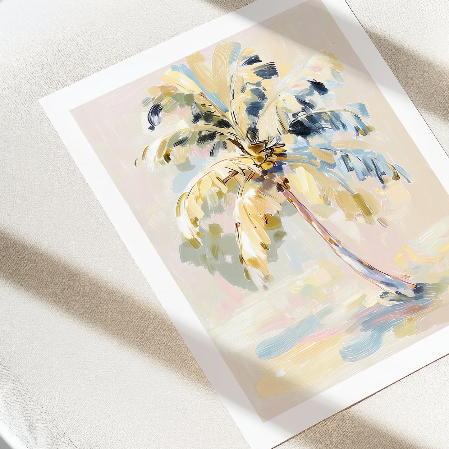 Framed artwork of a palm tree with abstract design on a light background