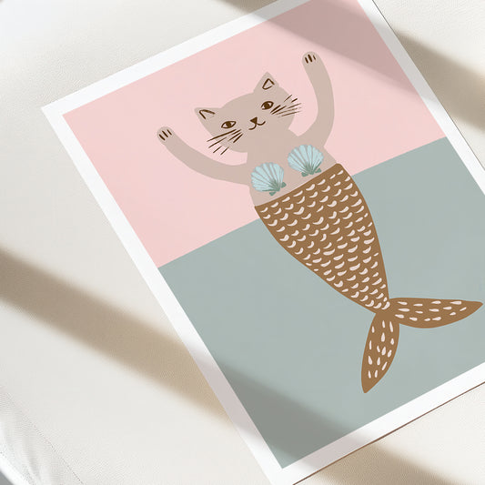 Illustration of a cat with a mermaid tail on a pink and blue background