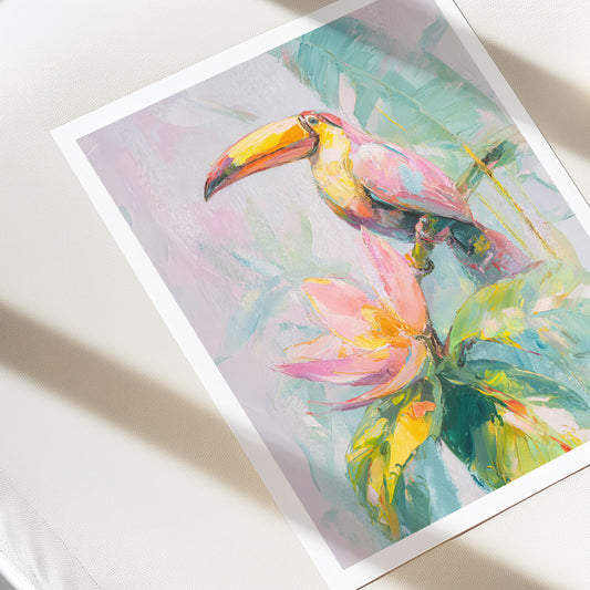 Colorful painting of a toucan and tropical flowers on a white surface