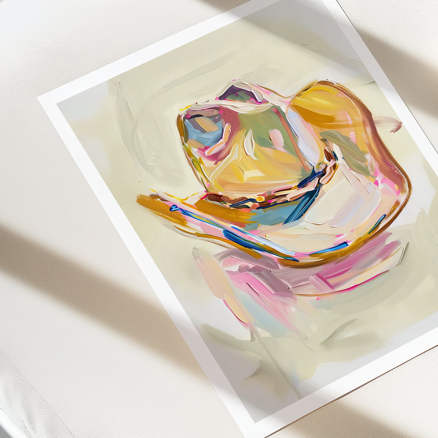 Colorful abstract painting of a teacup and saucer on a light background