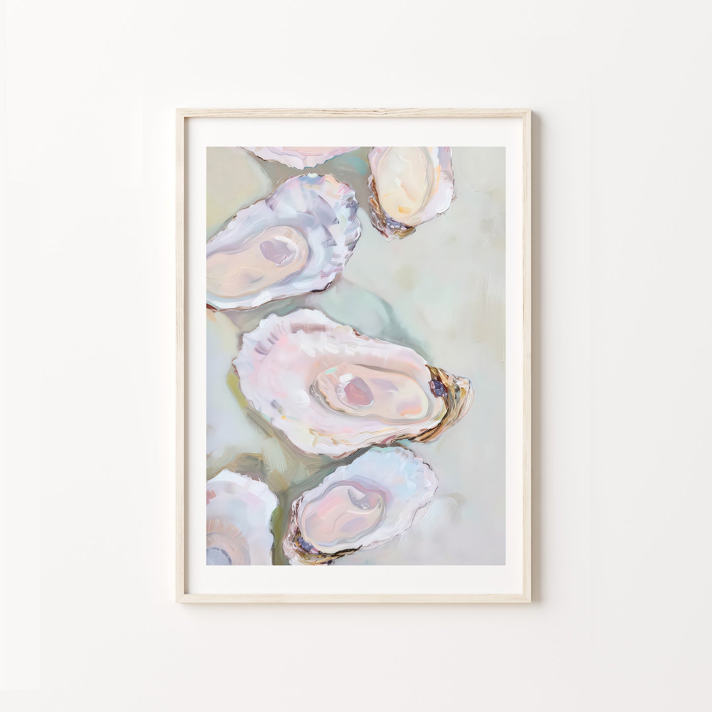 Framed artwork of oyster shells on a light background