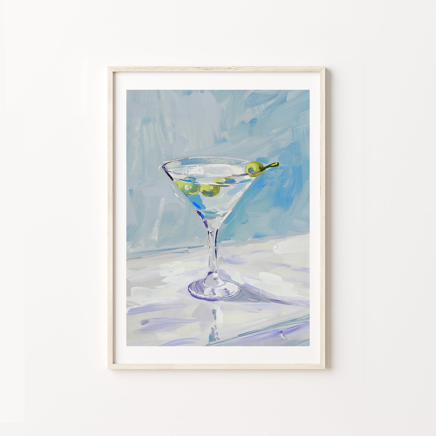 blue painting of a martini glass with olives on a textured surface