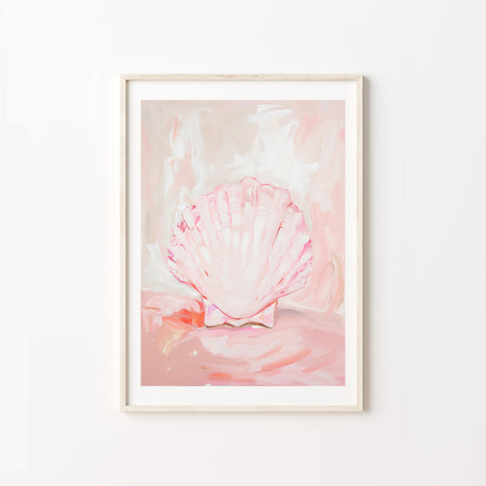 Framed artwork of a pink shell on a white background