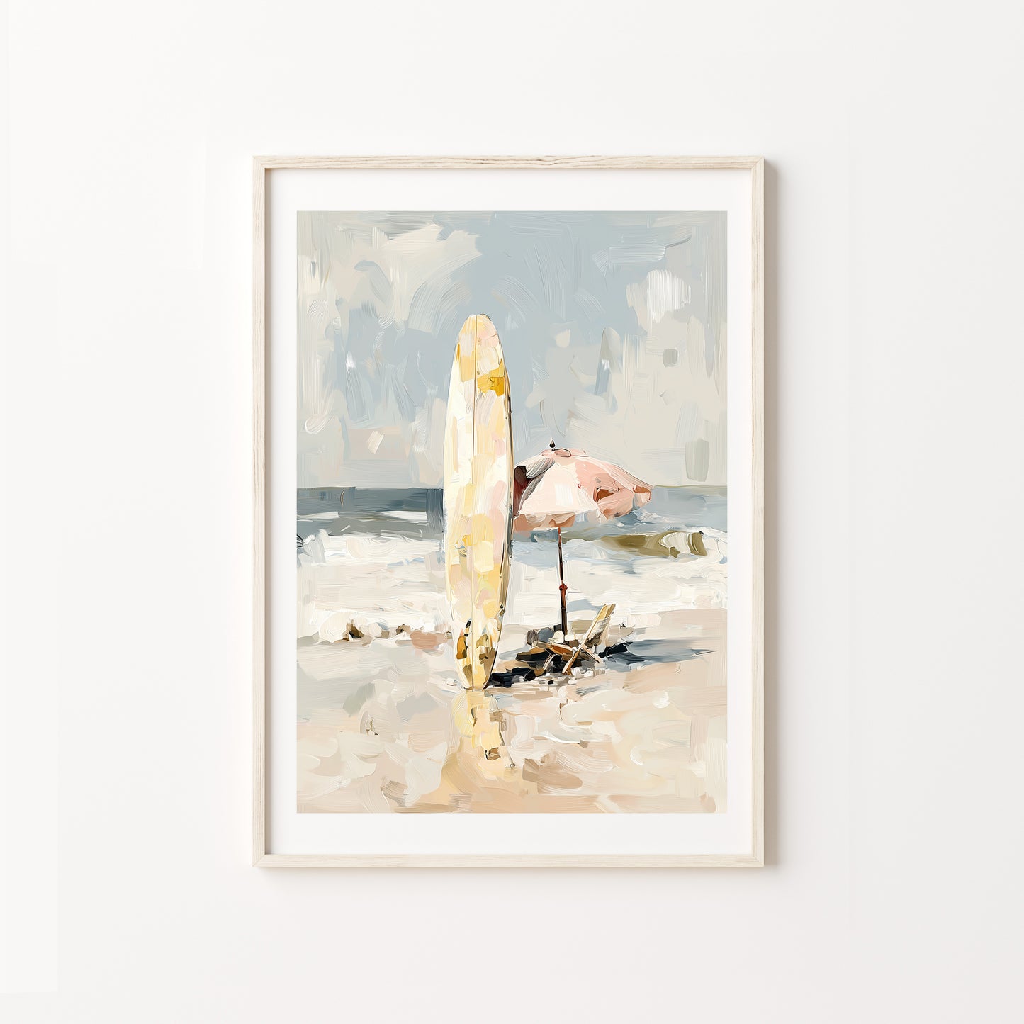 Framed artwork of a beach scene with a flamingo and surfboard on a white wall.