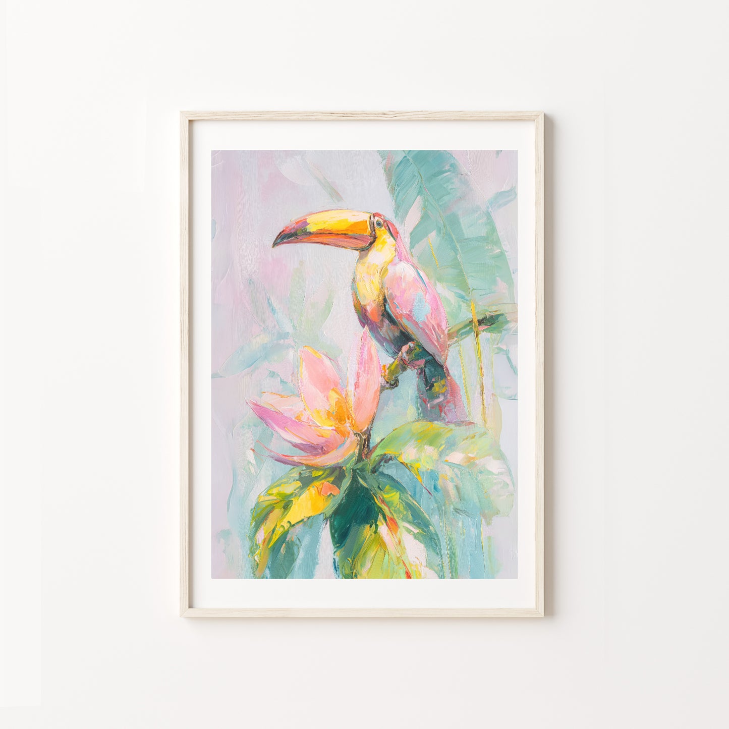 Framed artwork of a toucan on a branch with leaves and flowers on a white background