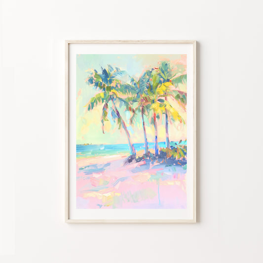 Framed artwork of a tropical beach scene with palm trees on a white wall.