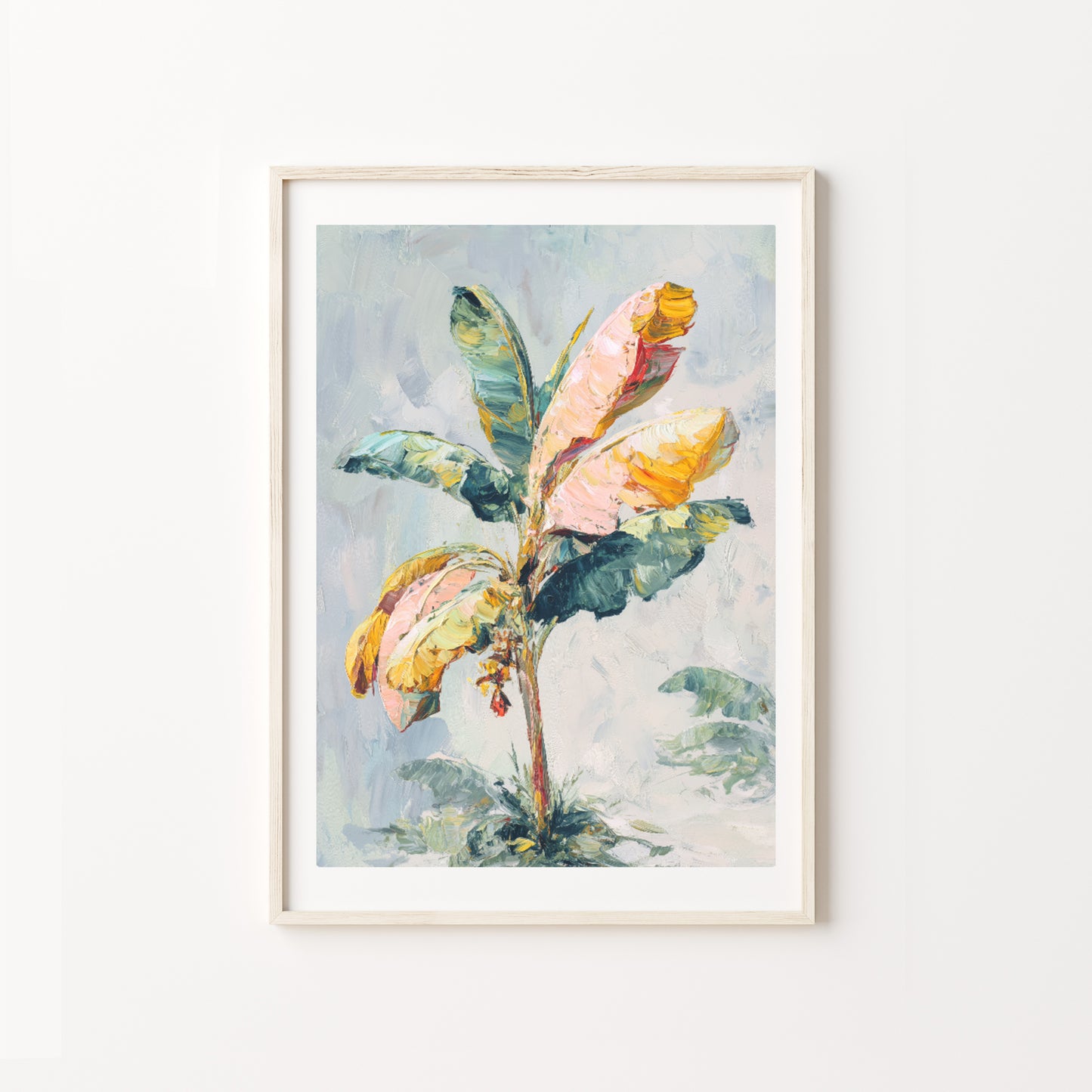 Framed watercolor painting of a floral branch on a white wall