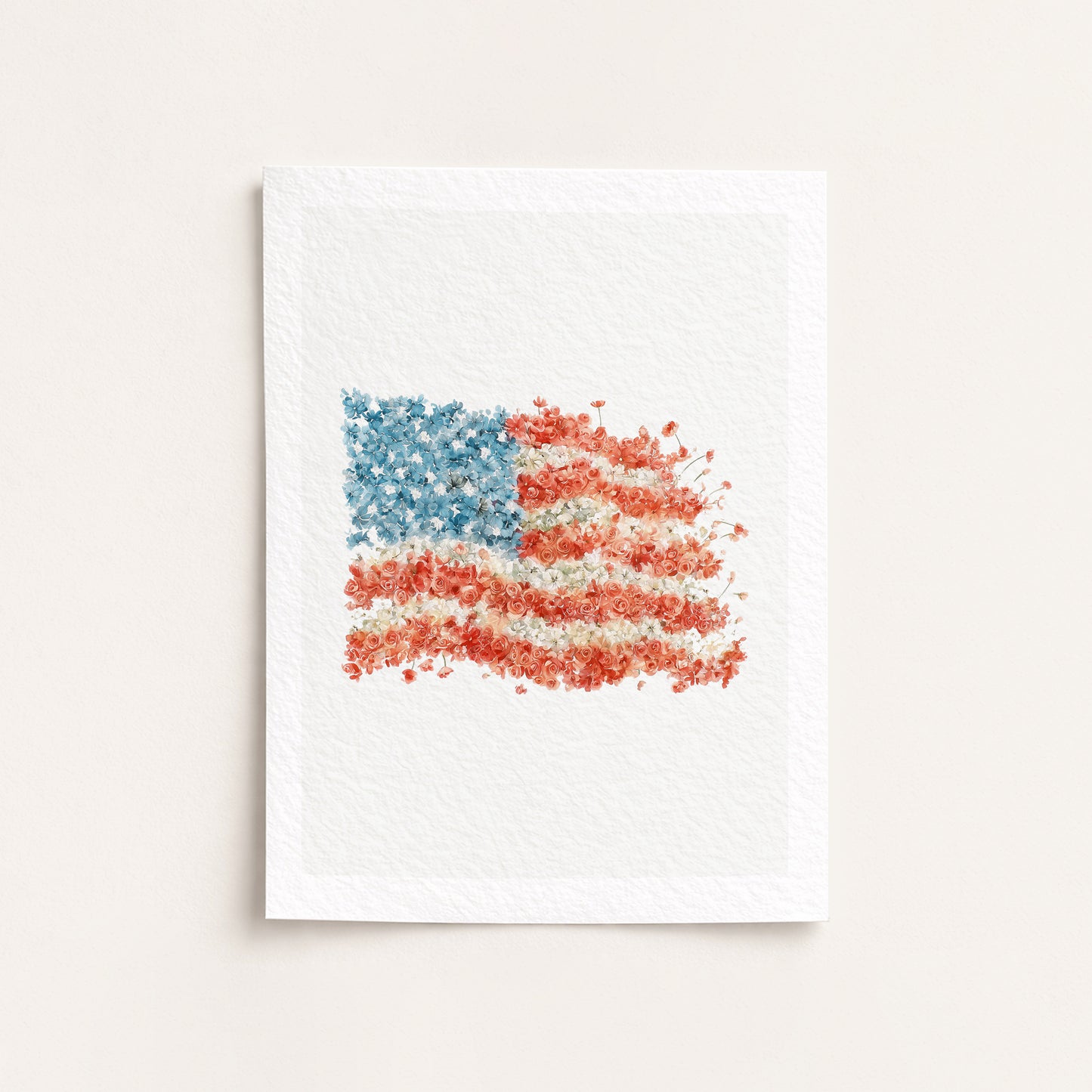 American flag made of small colorful flowers on a white background