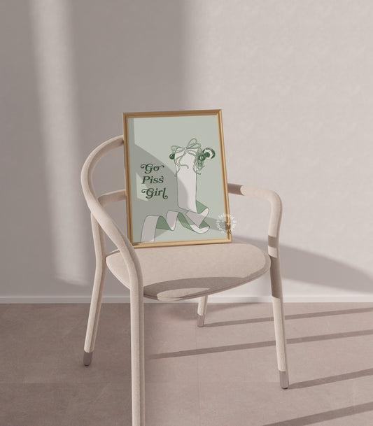 Go Piss Girl Print – Funny Gossip Quote Poster – Sage Green Aesthetic Wall Art for Bathroom or Dorm – Sassy Trendy Typography Decor