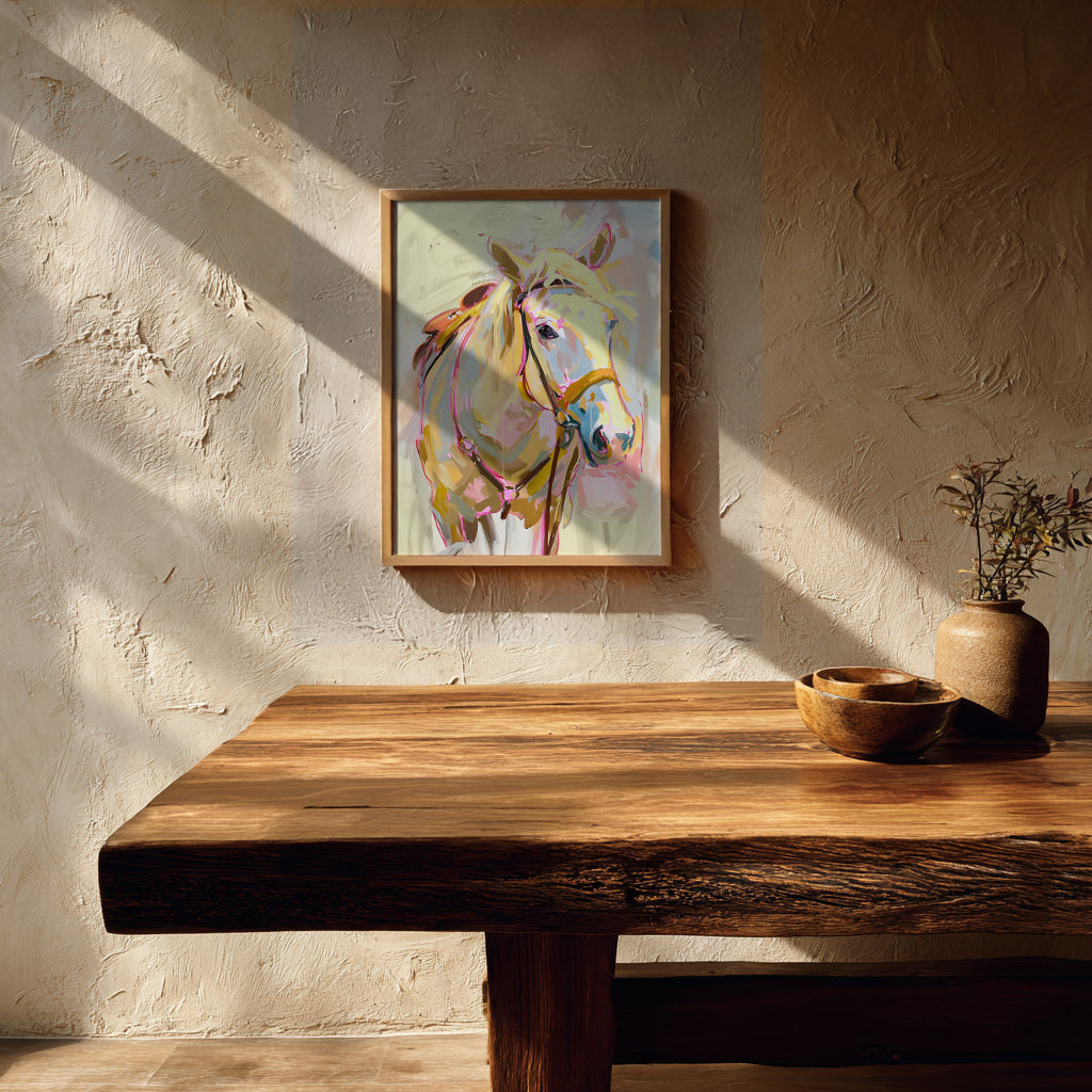 Wooden table with a vase and abstract horse painting on a textured wall.