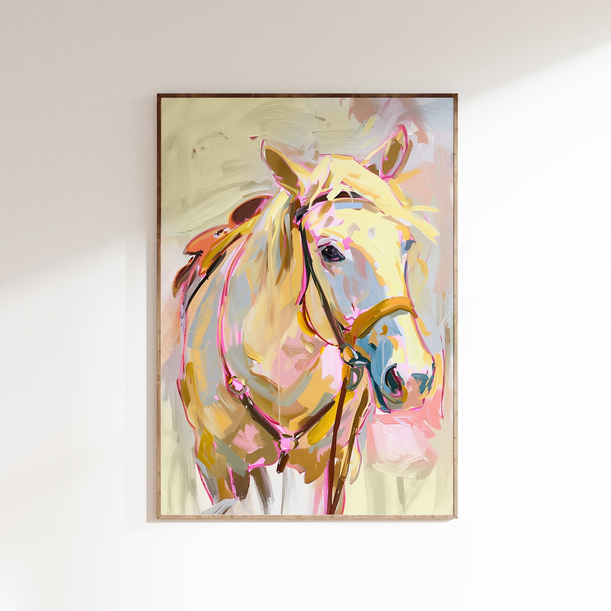 Framed abstract painting of a horse on a wall