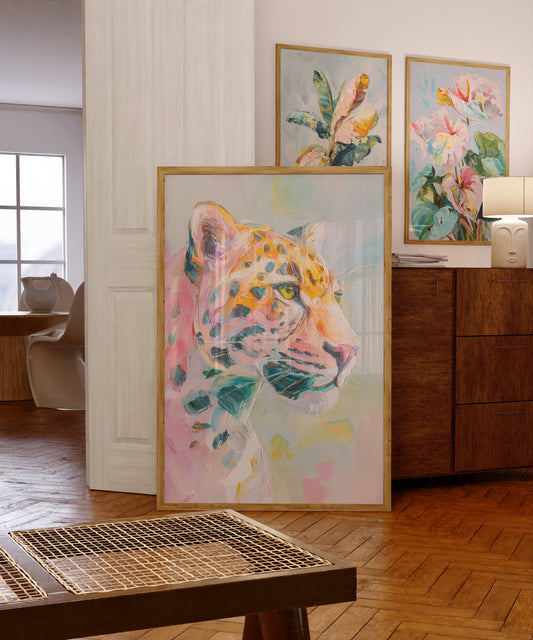 Colorful abstract tiger painting in a living room setting with floral artworks.