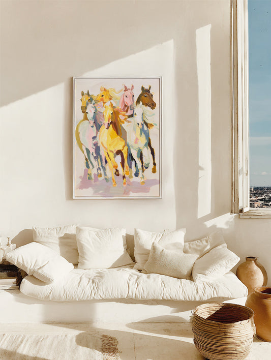 seven horses living room painting print Living room with a white sofa, colorful horse painting on the wall, and natural light coming through a window.