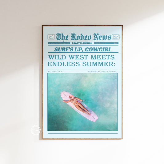 Surf Up Cowgirl Retro Newspapers Wall Art – Coastal Cowgirl Aesthetic in Blue Decor