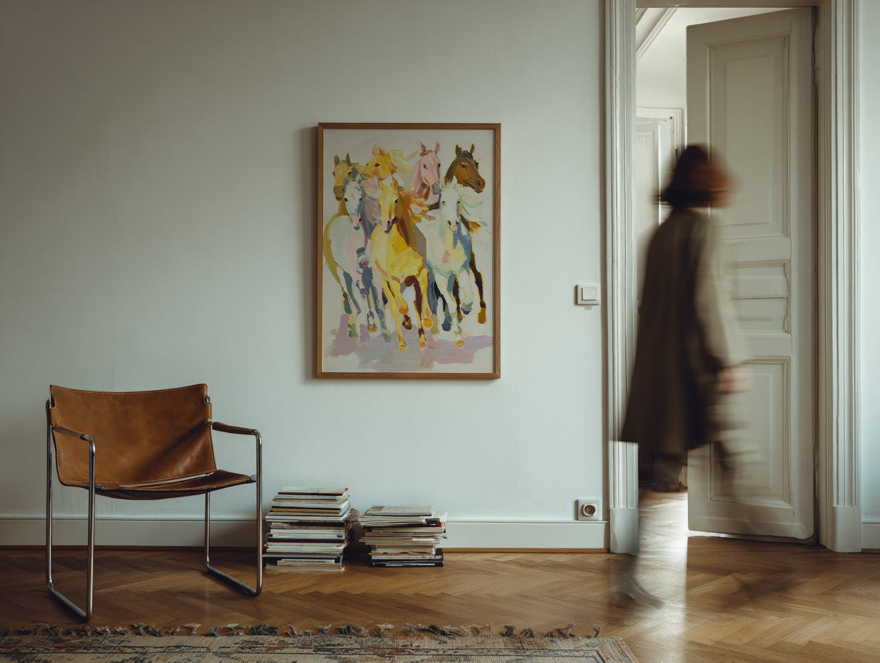 Brown leather chair and colorful horse painting in a room with a person walking by.