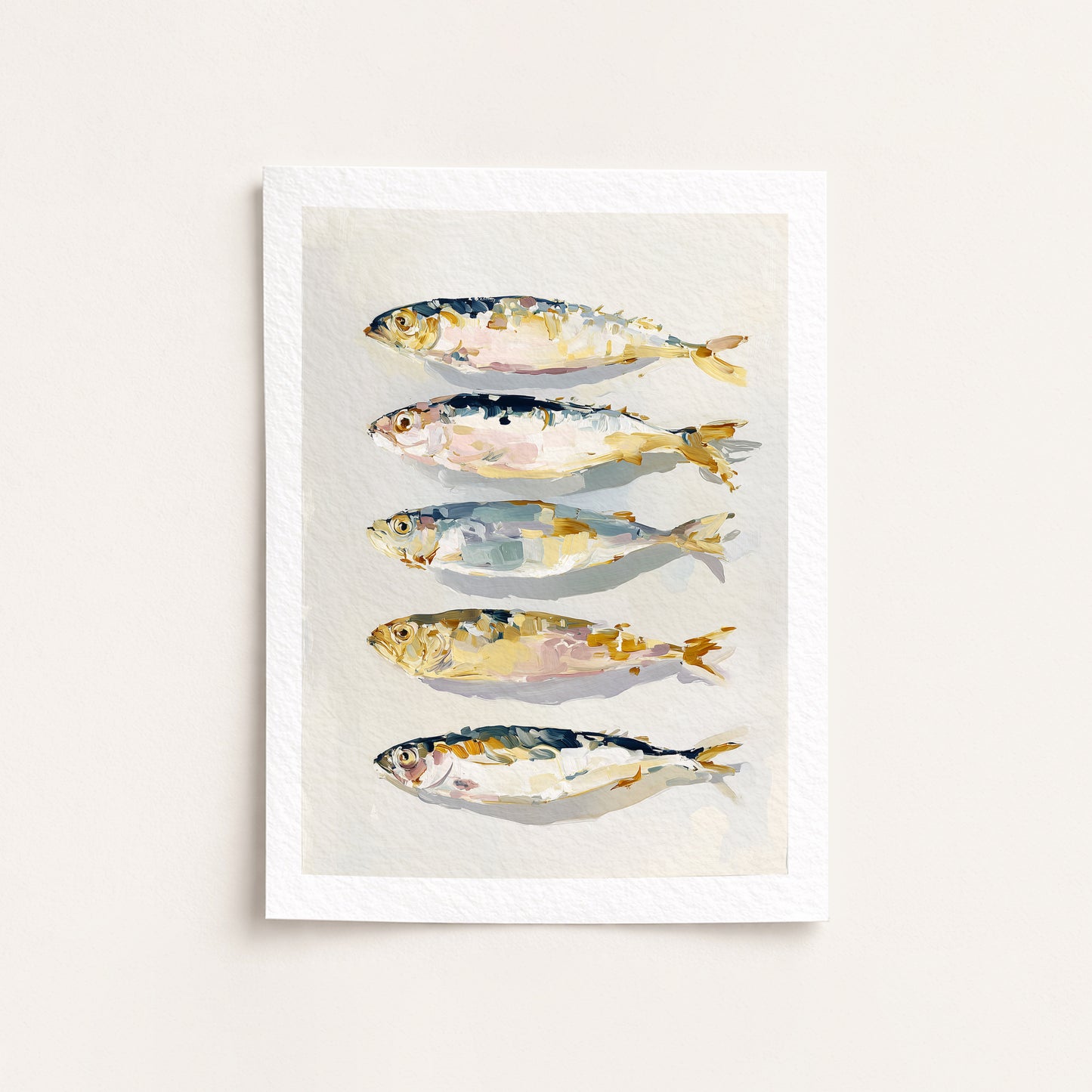 Framed artwork of four stylized fish illustrations on a light background