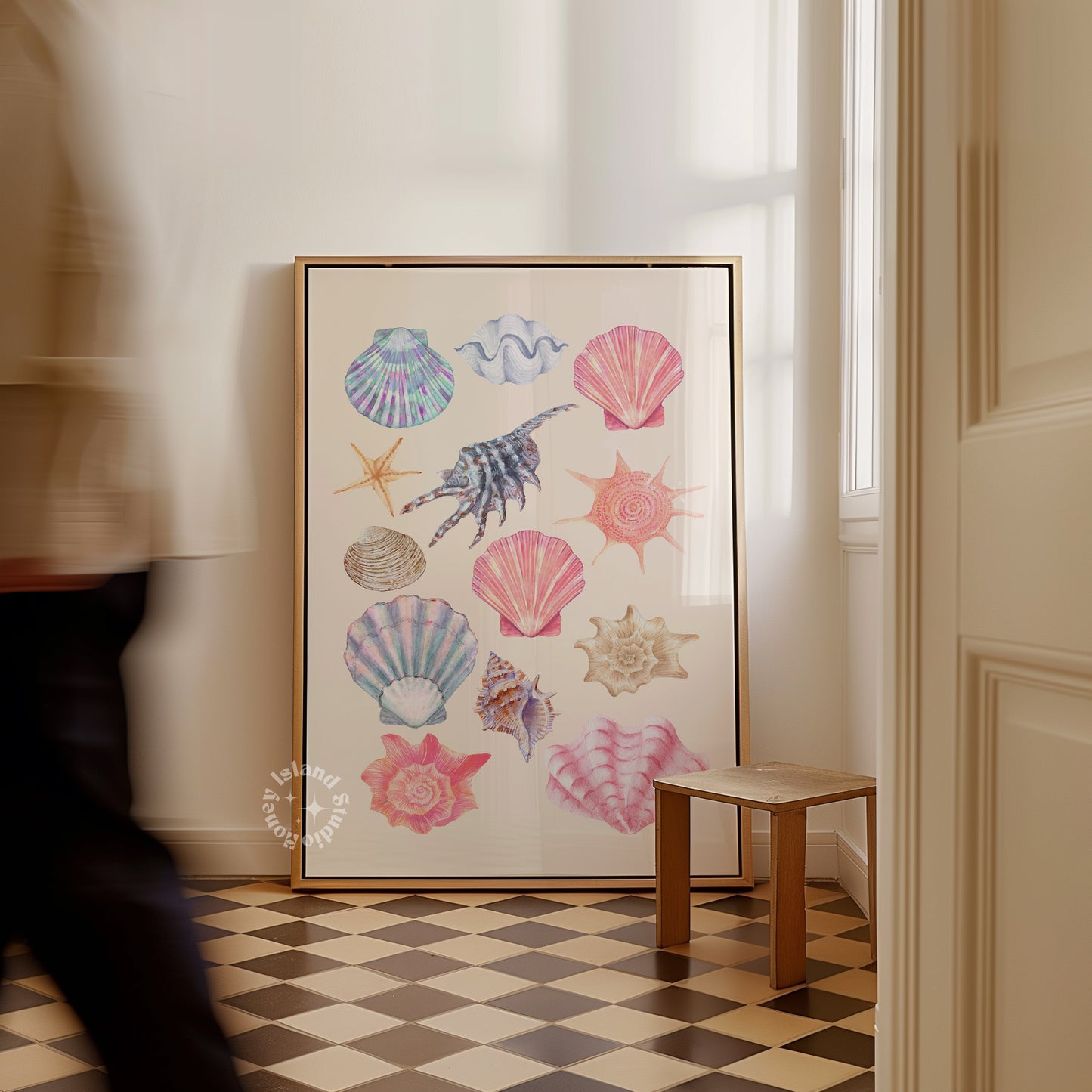 Framed artwork of colorful seashells on a wall in a room with checkered floor.