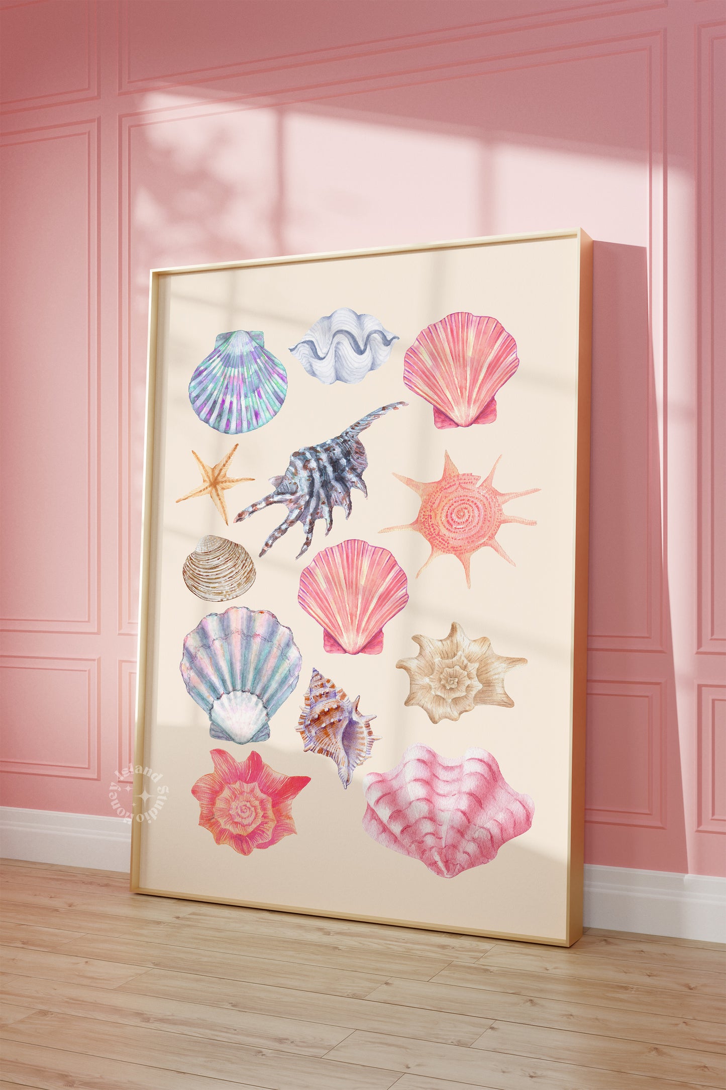 Framed artwork of colorful seashells on a pink wall.