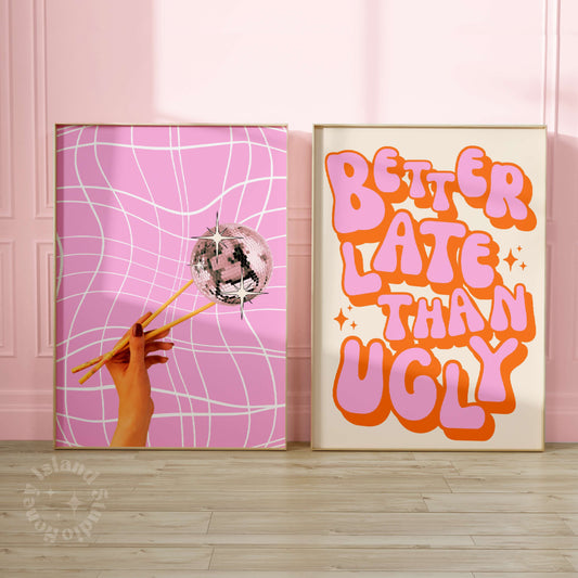 Disco Chopsticks + Better Late Than Ugly Set of 2 Pink Orange Bundle