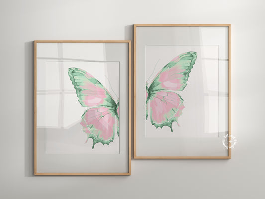 Split Butterfly Prints - Pink/Green Mint Set of 2 Posters Bundle