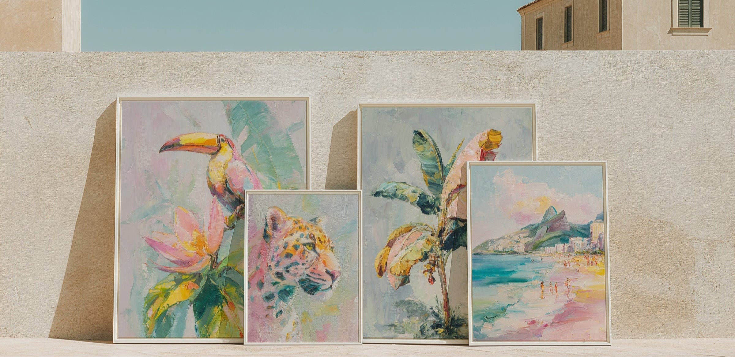 gallery wall art with tropicla paintings