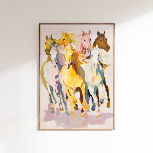 Seven horses art print Framed artwork of painted horses on a white wall