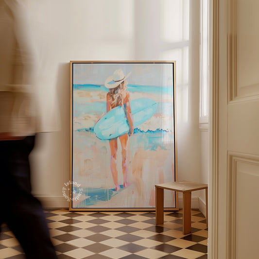 Framed artwork of a woman with a blue surfboard in a room with checkered floor and white walls.