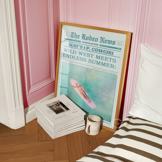 Blue Wall Art – Coastal Cowgirl Surfup cowgirl, Retro Newspaper Aesthetic for Beachy Vibes