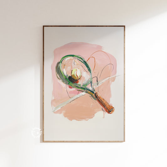 Framed artwork of a tennis racket with a ball on a light background